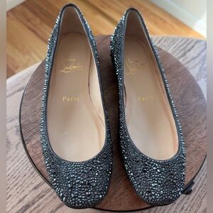 New Christian Louboutin Black Strass Leather Gozul Ballet Flats 35